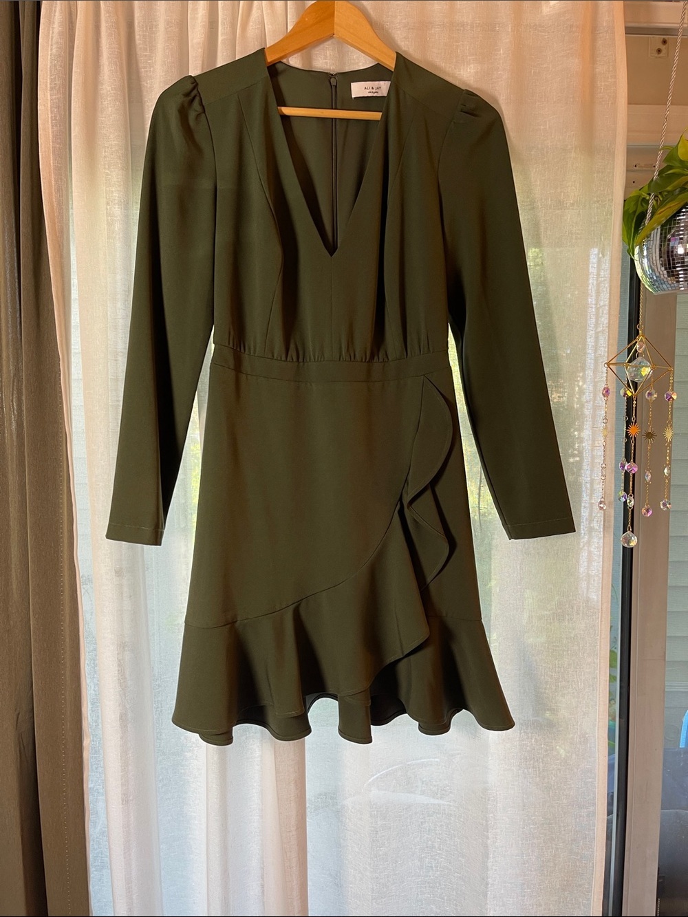 Long Sleeve Olive Green Ruffle Hem Dress